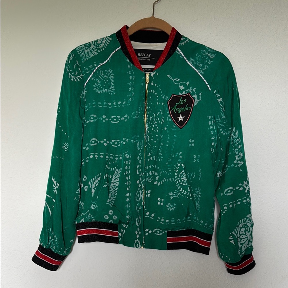 Replay Green Bandana Print Bomber Jacket Size XS